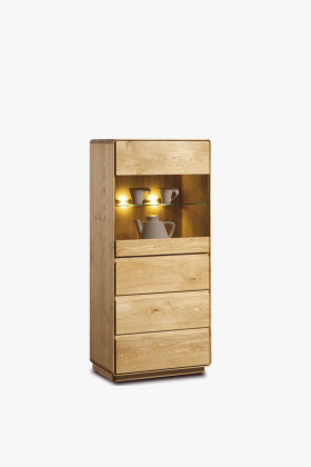 Tölgyfa vitrin natural színű, elegáns nappali bútor, kompakt méret